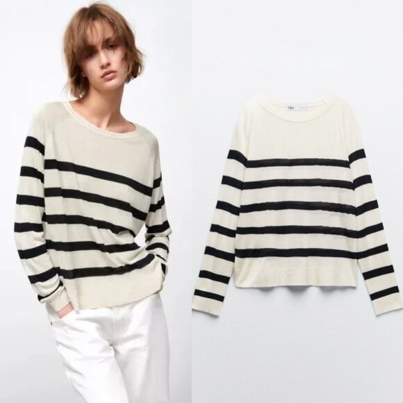 Zara Ivory Black Striped Basic Knit Pullover Sweater Crewneck Lightweight XL - Picture 2 of 15